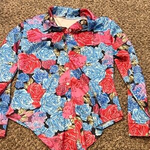 Floral Button-Up Shirt — Blue & Red Rose Print